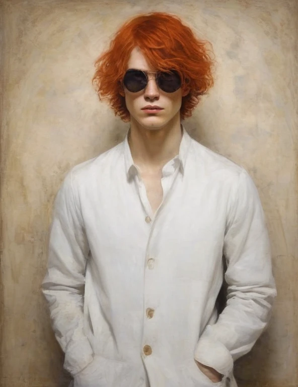 surrealist art , like a dream, Mysterious,  provocative , Symbolic, complex, detailed,  Nicola Samori Style, Face of a man with red-orange hair,  with a determined and attentive face , is positioned in the center of the scene.  He wears an impeccable white...