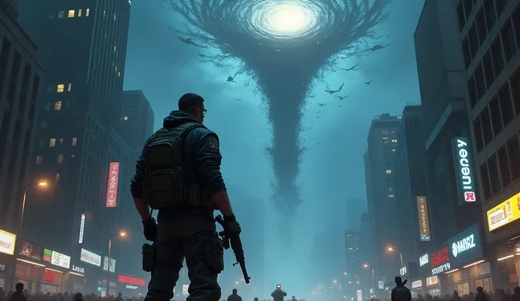  realistic, Night, city, , a modern soldier with weapons in his hands looks angrily into the sky where the portal opened, a funnel comes out of him, intangible entities are visible