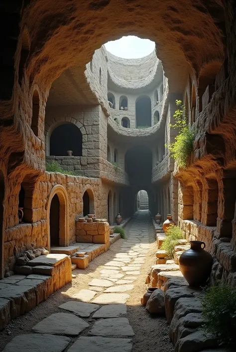 A panoramic view of Derinkuyu Underground City in Turkey, showing its deep, multi-level tunnels and ancient architecture. The passageways are narrow and winding, lined with stone doors and rooms carved into the volcanic rock. Some areas are empty, while ot...