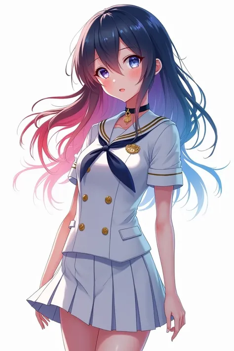 Can you make an anime like character in a full white background with this following:

- she has a long hair her hair mixed color, mixed color of blue and red
- shes wearing a naval complete naval commander outfit with a skirt
- make her very appealing to t...