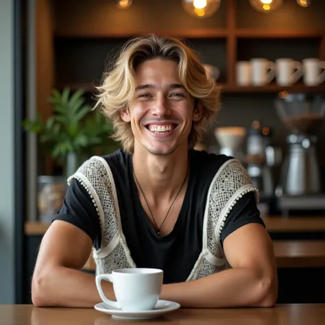 A man half European and asian with gold hair smiles warmly while sitting in a cozy, modern café. He is dressed in a delicate white lace top, exuding a relaxed yet stylish vibe. The café background features soft lighting, a coffee machine, and cups arranged...