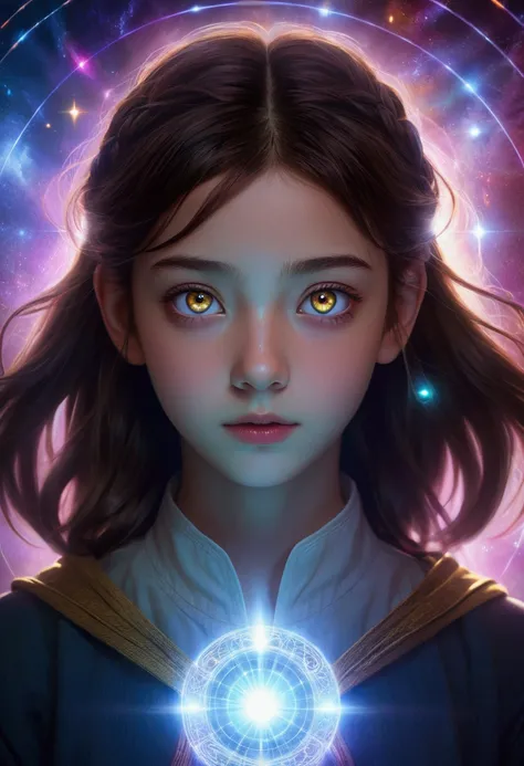 Teenage girl protagonist, glowing eyes, surrounded by diverse characters, telepathic aura visualization, cosmic background, ethereal lighting, portrait