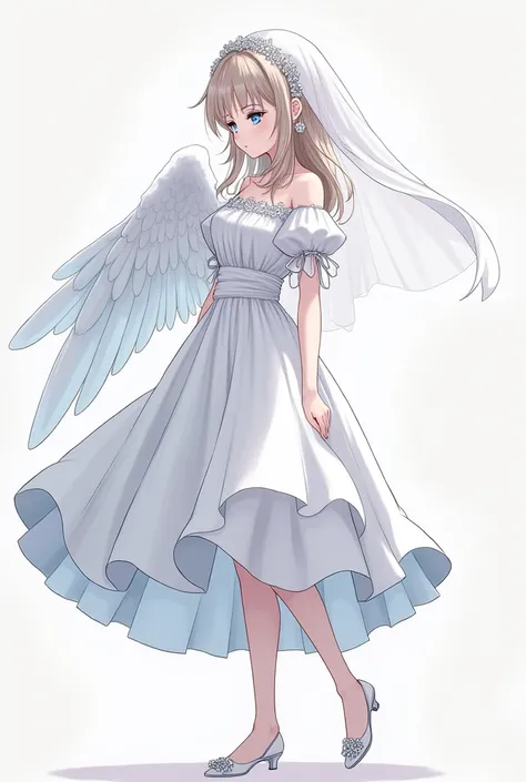 Anime Angel Girl,  tall with blue eyes , she has a broken lip ,  she is wearing a medium length white dress,  in the back she has small wings ,  her nails are long white ,  on her head she has a wedding veil . in profile, 