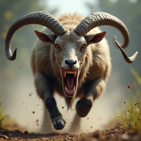 Goat whose big dangerous teeth are visible and he is running in front, his face looks dangerous.