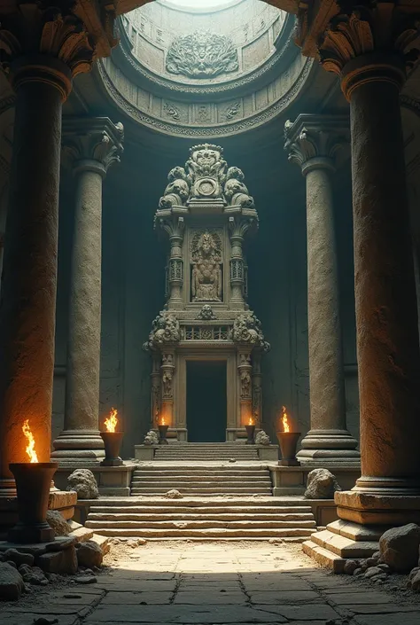 A mysterious underground temple in a forgotten city, with towering stone columns and a massive, carved altar. The ceiling is high, supported by intricate stonework, and the walls are covered in religious symbols. Flickering flames from braziers cast dancin...