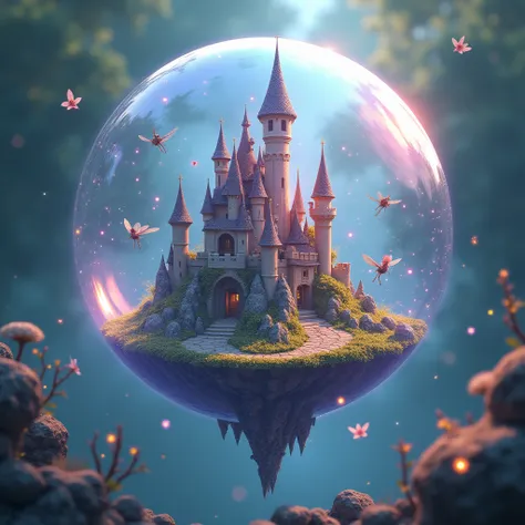 Magical Bubbles, Imagine a huge magic bubble with a miniature fairy tale castle inside. The spires and towers of the castle appear twisted and interesting on the curved surface of the bubbles, surrounded by flying fairies and magical creatures, adding a to...