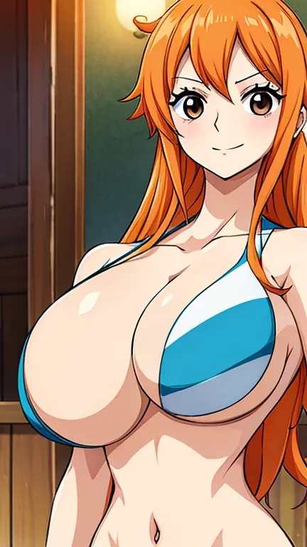 Nami、Long Hair、 very big boobs 、 all nude、 pie pan、Happy Punch