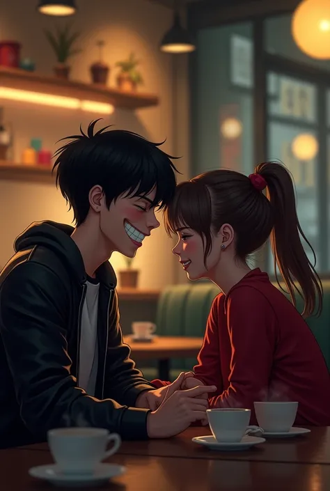 "A dimly lit café corner where a boy and a girl are sitting together. The boy, around 20 years old with short black hair and wearing a black leather jacket, is laughing arrogantly. The girl with him, wearing a red top and a high ponytail, is smirking. Both...