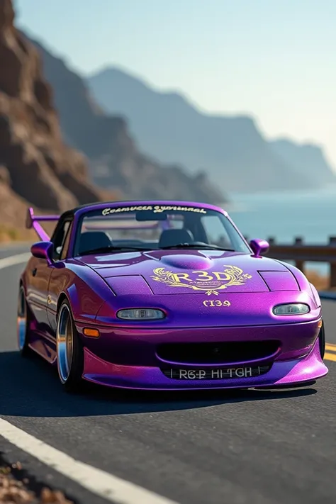 A purple 1990 Miata na with the words R3D that also represents Christianity 