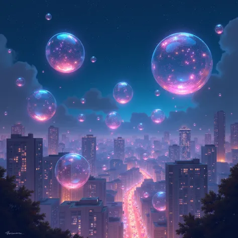 Magical Bubbles, In this scene, magic bubbles float in the citys night sky, each reflecting the neon lights below. The inside of the bubble seems to be filled with reflections of the city, flickering in the night sky as if carrying dreams of the city