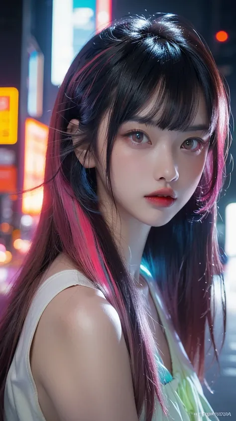 (masterpiece, highest quality, highest quality, Official Art, beautifully, aesthetic:1.2), Portrait Photography, (Cyberpunk beautiful girl 1 person), Big iridescent eyes, Beautiful skin, (Pink and blue long hair with bangs), Very detailed, (Neon colored fr...