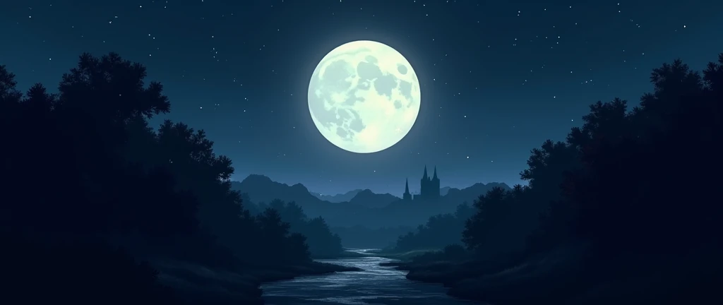 " A dark layout inspired by a night in HeartGold ,  with a starry sky background and a bright moon illuminating a gloomy landscape .  The sky must be a very dark blue , almost black,  with small scattered stars . The moon llena,  of a silver or pale white ...