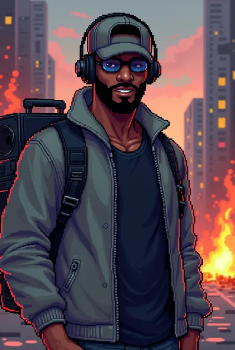 2D Pixel Sprites Black male character with beard, wearing newsboy cap aviator glasses headphones and grey jacket with black t-shirt underneath, super nintendo from a platform game like Metal Slug or Mega Man, looking at viewer, carrying an boombox thats pl...