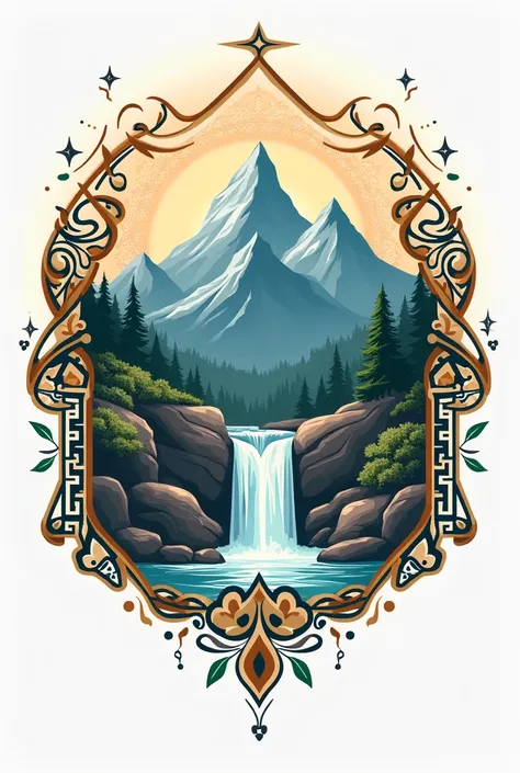 Create a logo for an Eastern and Arabic restaurant with the Russian lettering “Chaykhana No.1” with a mountain and a waterfall and Arabic patterns. 