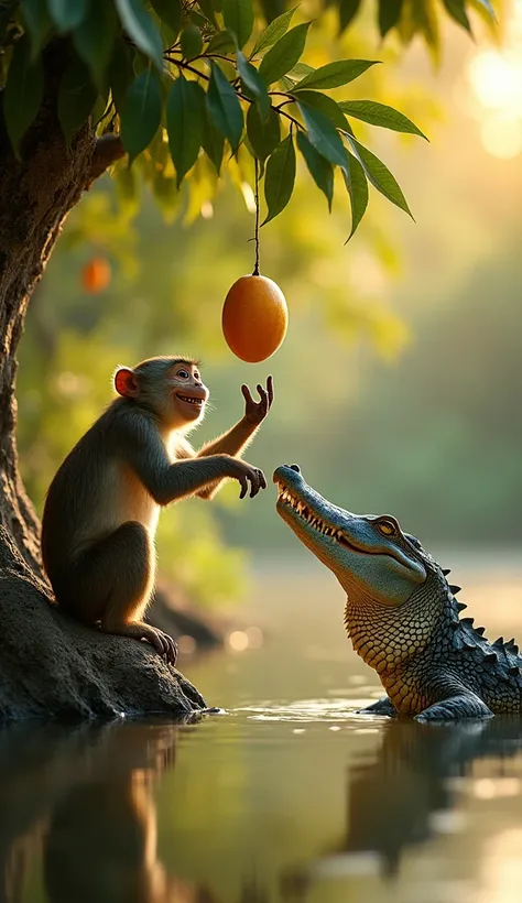 "The monkey, now smiling playfully, tosses a ripe mango from the tree down towards the crocodile. The crocodile catches it in its mouth with a friendly expression, and both appear to be forming a bond. The river reflects the peaceful moment, surrounded by ...