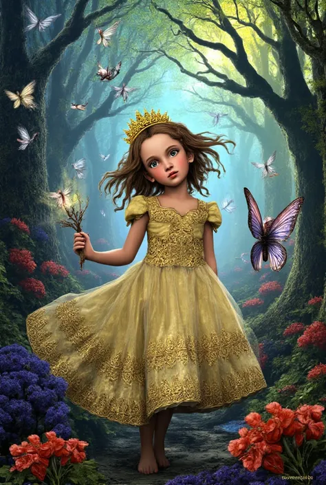 a young girl in a princess dress in a magical place similar to Alice in Wonderland with fairies than a half-dark place 