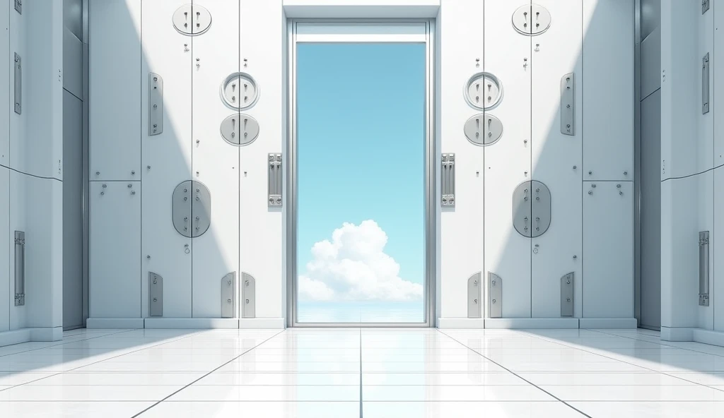  symmetrical titanium doors, huge doors ,  circular metal element , White doors, ((anime style )), large elements