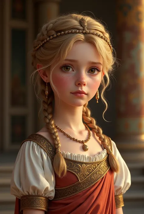 create an ancient roman empire little blonde girl with freckles and blonde curly hair in a braid with brown eyes
from high class more realistic