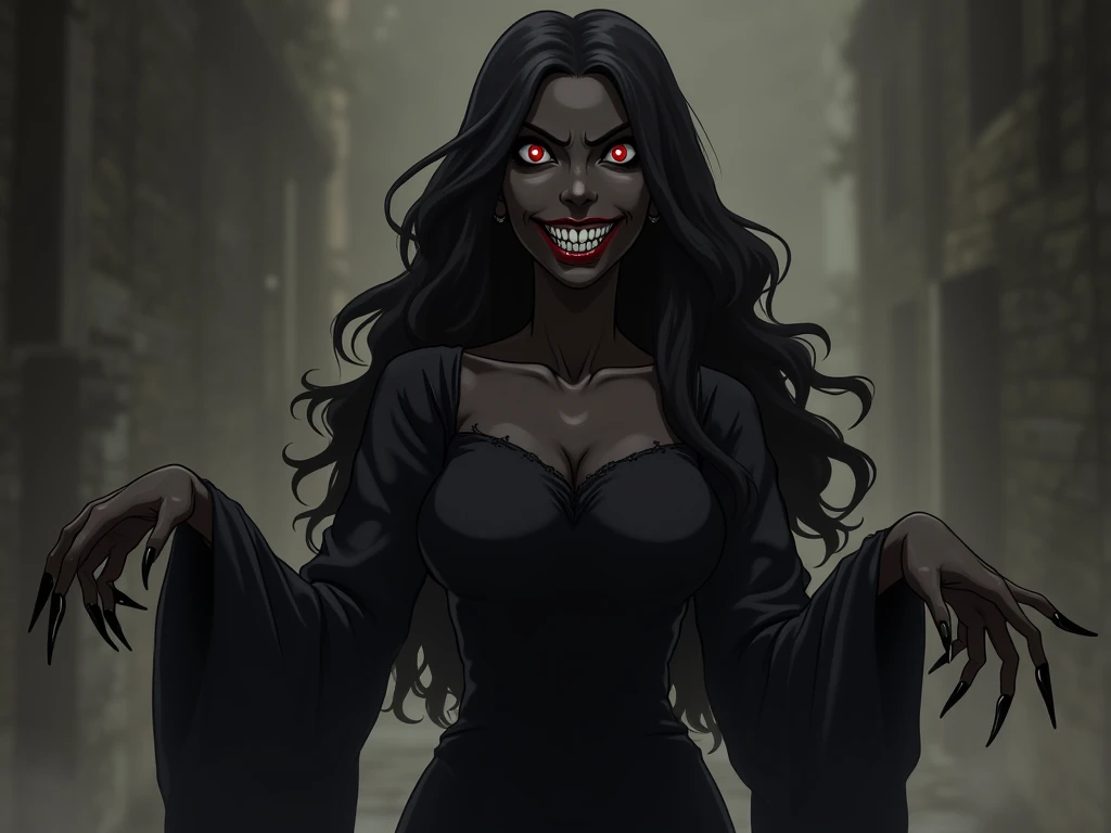  an anime of a black woman dressed in a black dress with a creepy face, mulher negra diabólica de  full body , pose maligna,  Elvira in ragged clothes ,  evil smiling pose ,  hands with fingers with black claws , pose de vilã,  full body , female anime vil...