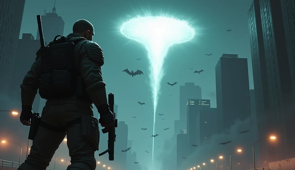  realistic, Night, city, , a modern soldier with weapons in his hands looks angrily into the sky where the portal opened, a funnel comes out of him, you can see demons floating