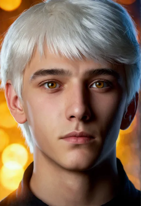 realistic 16-year-old young man with white hair and amber eyes