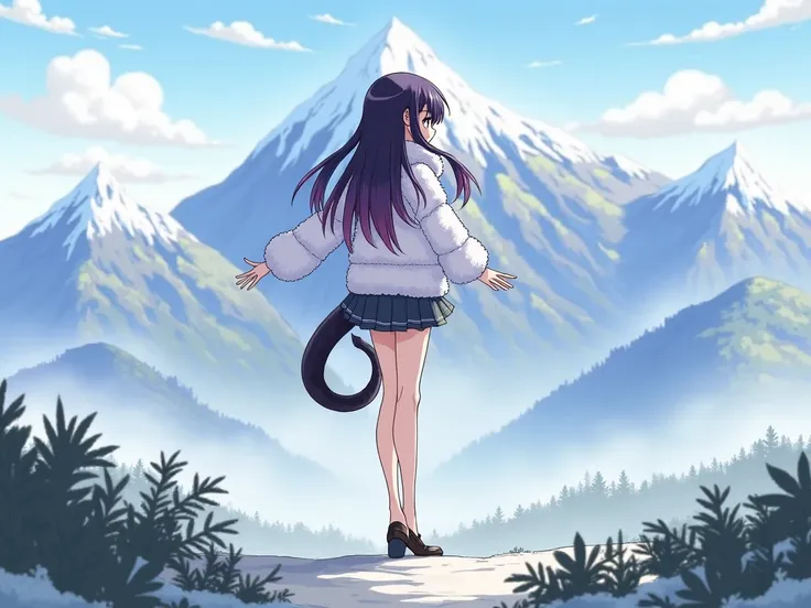 Anime, 1 girl, , long legs, long fingers, pointed ears, long hair, purple-black hair, black dragon tail, wearing a fluffy jacket and mini skirt, is in the mountains, High Details, High Resolution, Quality, 