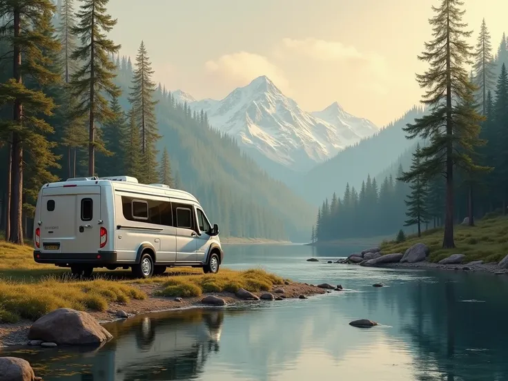 a painting of a modern Capuchin motorhome,  next to a river with a pine landscape, mountains and dawn  