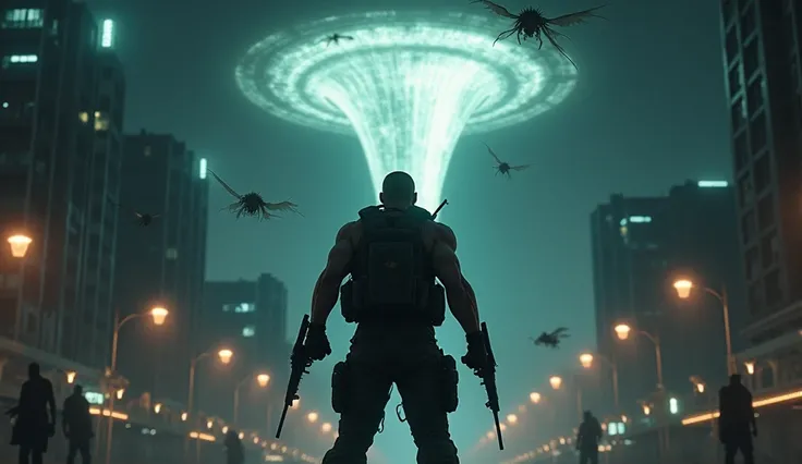  realistic, Night, city, , a modern soldier with weapons in his hands looks angrily into the sky where the portal opened, a funnel comes out of him, you can see demons floating