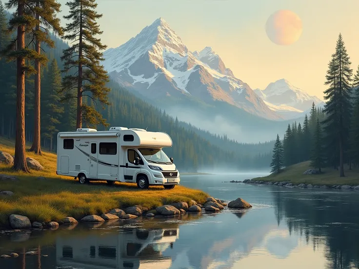 a painting of a modern Capuchin motorhome,  next to a river with a pine landscape, mountains and dawn  