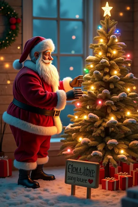 A santa claus standing by a christmas tree put christmas  lights  on the tree , with a sign saying  pls follow  for more