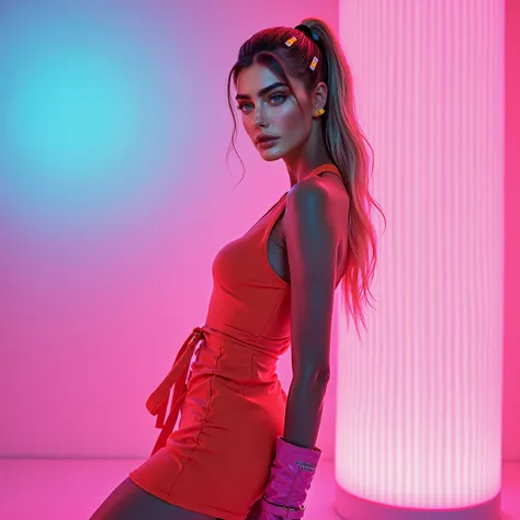 Young thin woman,  blonde hair combed back long  , blue eye, with two clips on the colored head , short colored dress  , white curves  , Neon pink boot  ,  doing dynamic professional model pose,  with colored background 