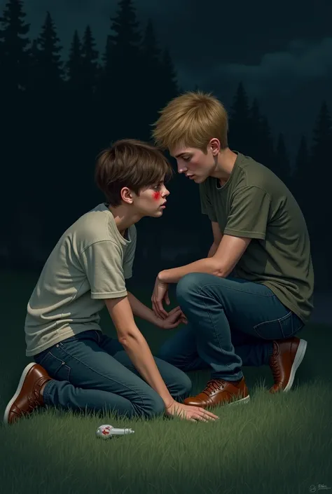 Two teenage boys,  one lying on the floor with brown hair with a gunshot wound in the side plugged in jeans.  The other blond haired boy is pressing his wound and crying . Its nighttime and theyre on a hill with green grass  