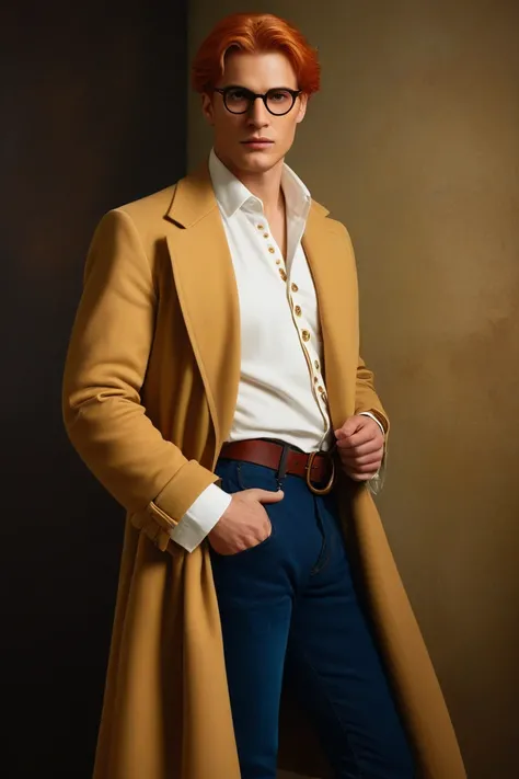 A a painting in the classic Renaissance style by Raphael,  a man with orange red hair ,  with a determined and attentive face , is positioned in the center of the scene.  He wears an impeccable white button-down shirt ,  combined with a beige coat Detectiv...