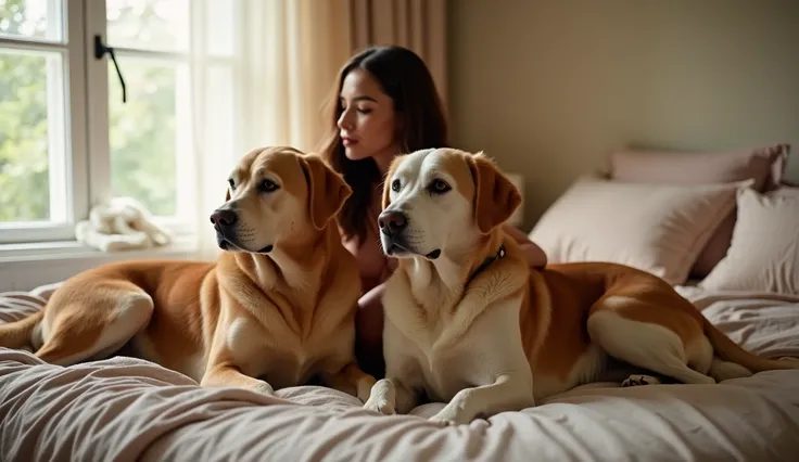 A serene bedroom scene where a 25-year-old woman is doing seduction with two large, older dogs on her bed. The woman is wearing a lower bra suit, and her posture emphasizes a natural and relaxed appearance. The room is warmly lit, with cozy details like so...