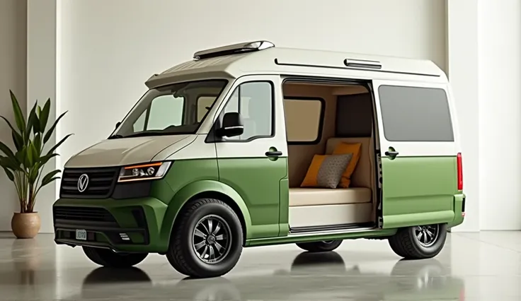 modified van with a unique two-tone green and white paint scheme, featuring a distinctive bulging wheel well on the left side. The vehicle has sporty black alloy wheels and an overall retro aesthetic, set against a plain white background in a spacious indo...