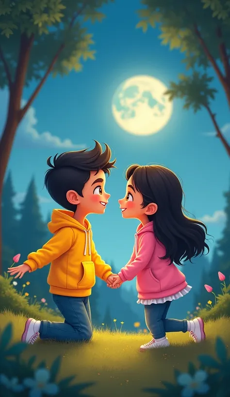 A cute cartoon boy  wearing yellow hoodie sitting on one leg, open both arms like sahrukh khan, his  cute girl friend wearing pink hoodie standing front of him ,putting her one leg on boys knee and smiling , beautiful nature view, night time