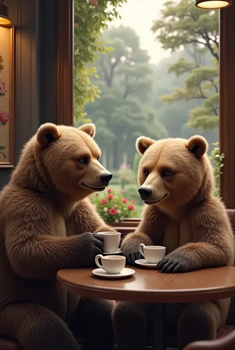 
"A majestic and realistic bear ,  with dense fur and impressive details ,  is drinking coffee in an elegant and detailed cafeteria . by your side,  his wife bears , equally realistic ,  displays a serene expression while smiling and enjoying your drink.  ...