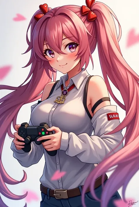 Draw a girl who loves to play games very much but instead of boobs there will be 2 big dicks