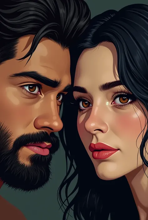  Boy,  brown passionate eyes with long eyelashes, hair dark,  Short Hair ,in the style of Caucasian guys, she has plump lips ,  sharp little nose ,  facial features sharp masculine ,Blackbeard & Hair,  and the girl on the contrary looks unhappy with a blac...