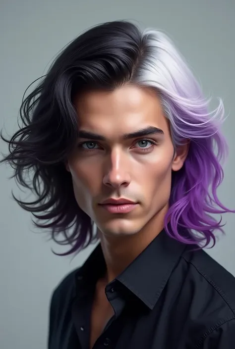 Make me a handsome man model his hair middle part long then color his hair first black second purple third milky white