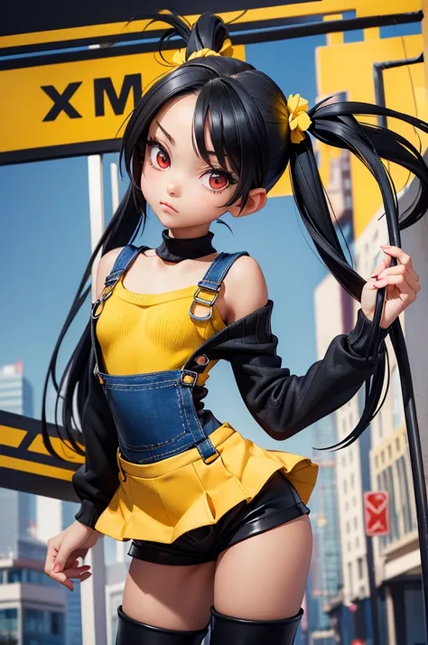 (masterpiece) (high Res), (Perfect face), (perfect anatomy), girl, black hair with pigtails, red eyes, (flat chest:1.6), short, fair skin, ((skintight yellow tiny sweater top)), ((skintight black short skirt overalls)), skintight black high heel boots, (((...