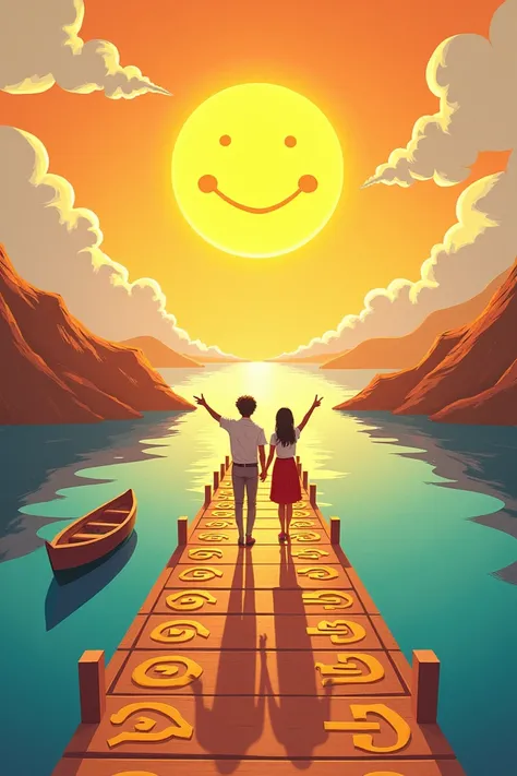 Create a long bridge built of "♾️infinity smile symbols" aproaching the smiling sun. On the the bridge two peaople walking male and female holding hand and pointing the sun with other hands. Ensure that theres a boat aside on the waters