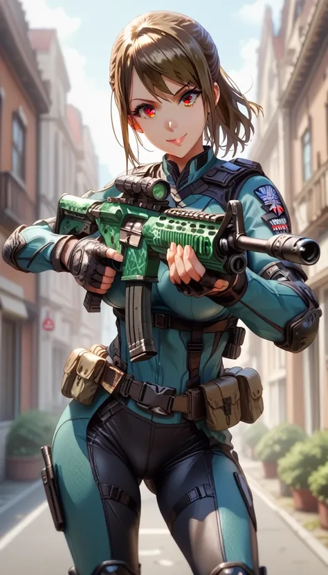 ultra-detailed, 1girl, hisato azuma, ((masterpiece)), (best quality), (highres), 16K, brown hair, brown eyes, wearing tactical clothes, tactical belt, knee pads, boots, black panties, busty body, large breasts and a beautiful ass, showcasing cleavage, legs...