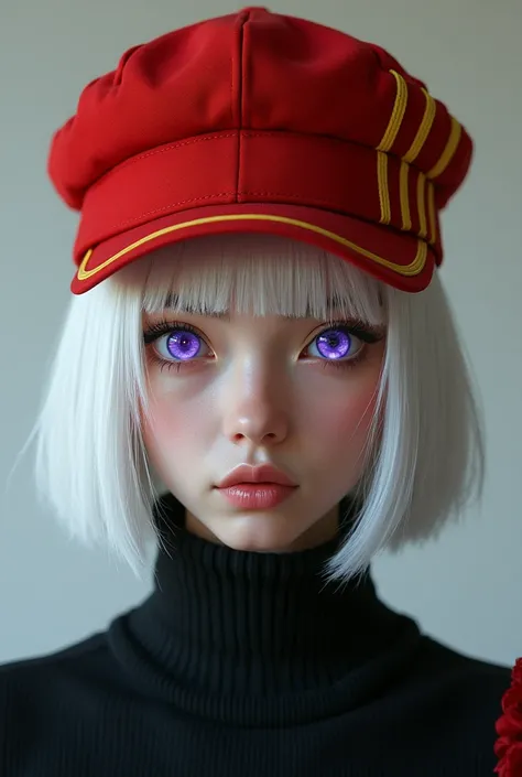 Red cap with two yellow stripes on the left side, white hair with flaming purple eyes and a black turtleneck shirt 