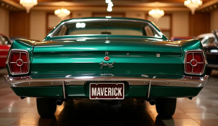 a detailed close-up view of the back of an old, forest green Ford Maverick car, the back license plate in the center displays the word "MAVERICK", in a luxurious showroom background