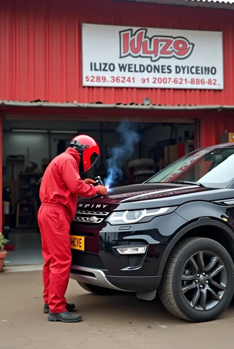 Person wearing a red protective suit and a helmet, working on a piece of metal with a welding torch. the person is standing in front of a red building with a sign that reads "TULIZO WELDING SHOP " and there is a logo of the company on the wall behind them....