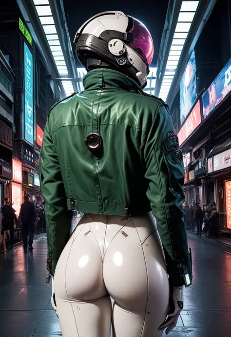 1girl,solo,futuristic city background,cowboy shot,ruanyi0812,white bodysuit,skin tight,sci-fi,green jacket,green jacket,open jac...