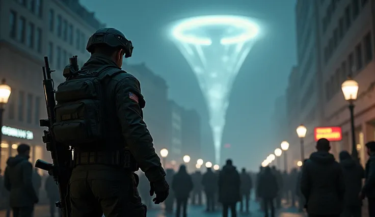  realistic, Night, city, a modern soldier with weapons in his hands looks angrily into the sky where the portal opened, a funnel comes out of him, around a crowd  