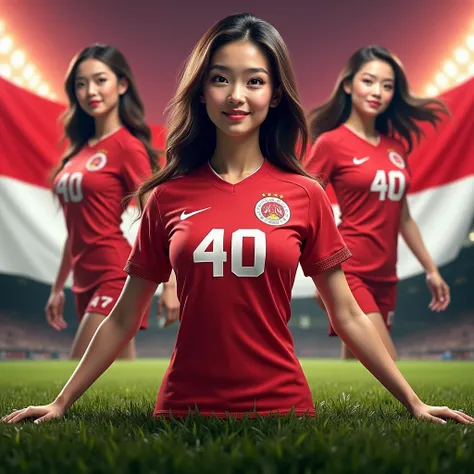 Create sport betting flyer that says "COBLOS4D TARUHAN BOLA TERPERCAYA", Center, BIG FONTS, BIG TEXT, Asian Girls, Ultra High Quality Image, 4K, 8K , 3D Rendering, red and white themes, soccer betting theme, sport betting themes. wearing soccer shirt. full...