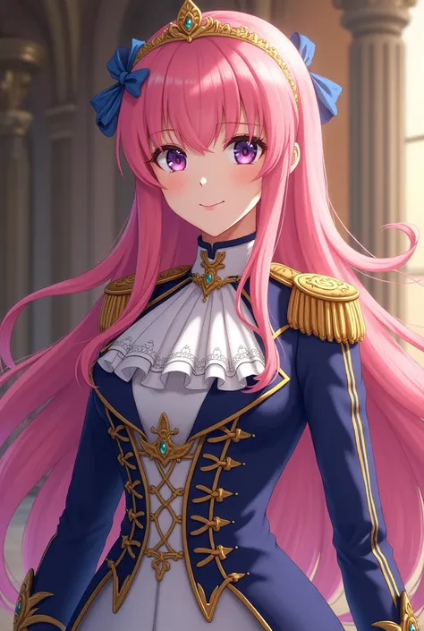  Create a character from The Rose of Versailles, feminine gender, Pink Hair,  half-purple colored eyes , wearing the uniform of the imperial guard .  full body 